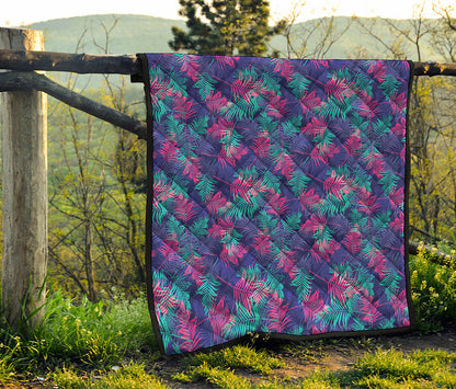 Pink And Blue Tropical Palm Leaf Print Quilt