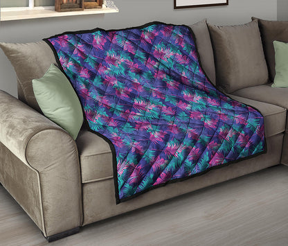 Pink And Blue Tropical Palm Leaf Print Quilt