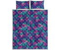 Pink And Blue Tropical Palm Leaf Print Quilt Bed Set