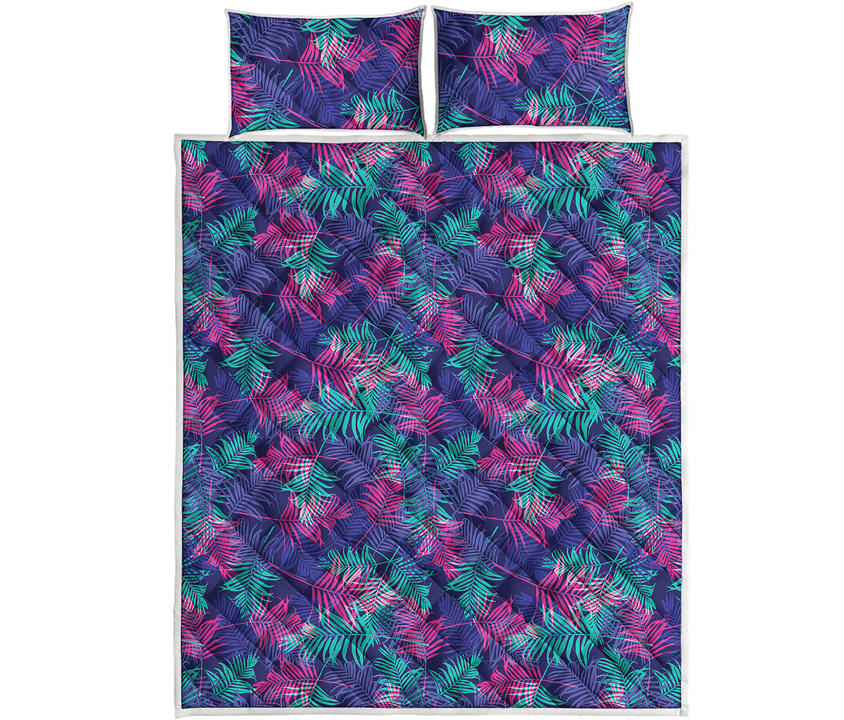 Pink And Blue Tropical Palm Leaf Print Quilt Bed Set