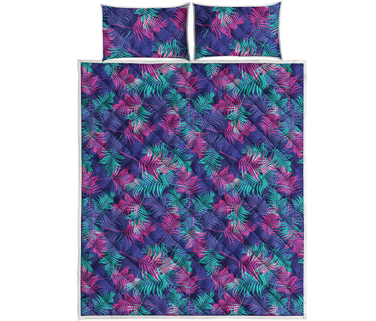 Pink And Blue Tropical Palm Leaf Print Quilt Bed Set