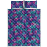 Pink And Blue Tropical Palm Leaf Print Quilt Bed Set