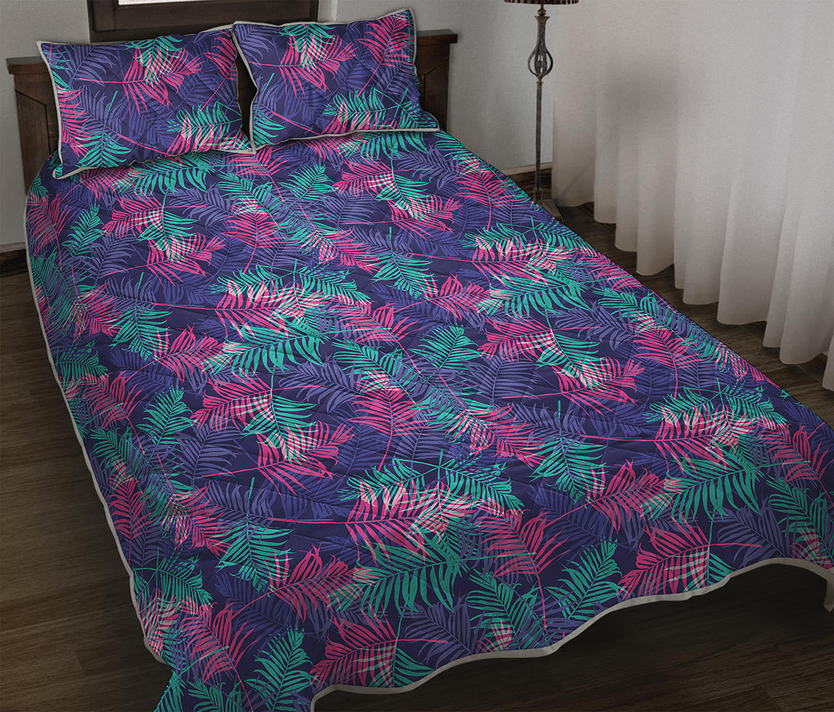 Pink And Blue Tropical Palm Leaf Print Quilt Bed Set