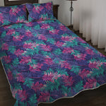 Pink And Blue Tropical Palm Leaf Print Quilt Bed Set