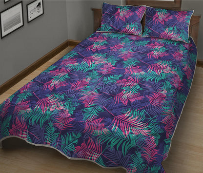 Pink And Blue Tropical Palm Leaf Print Quilt Bed Set