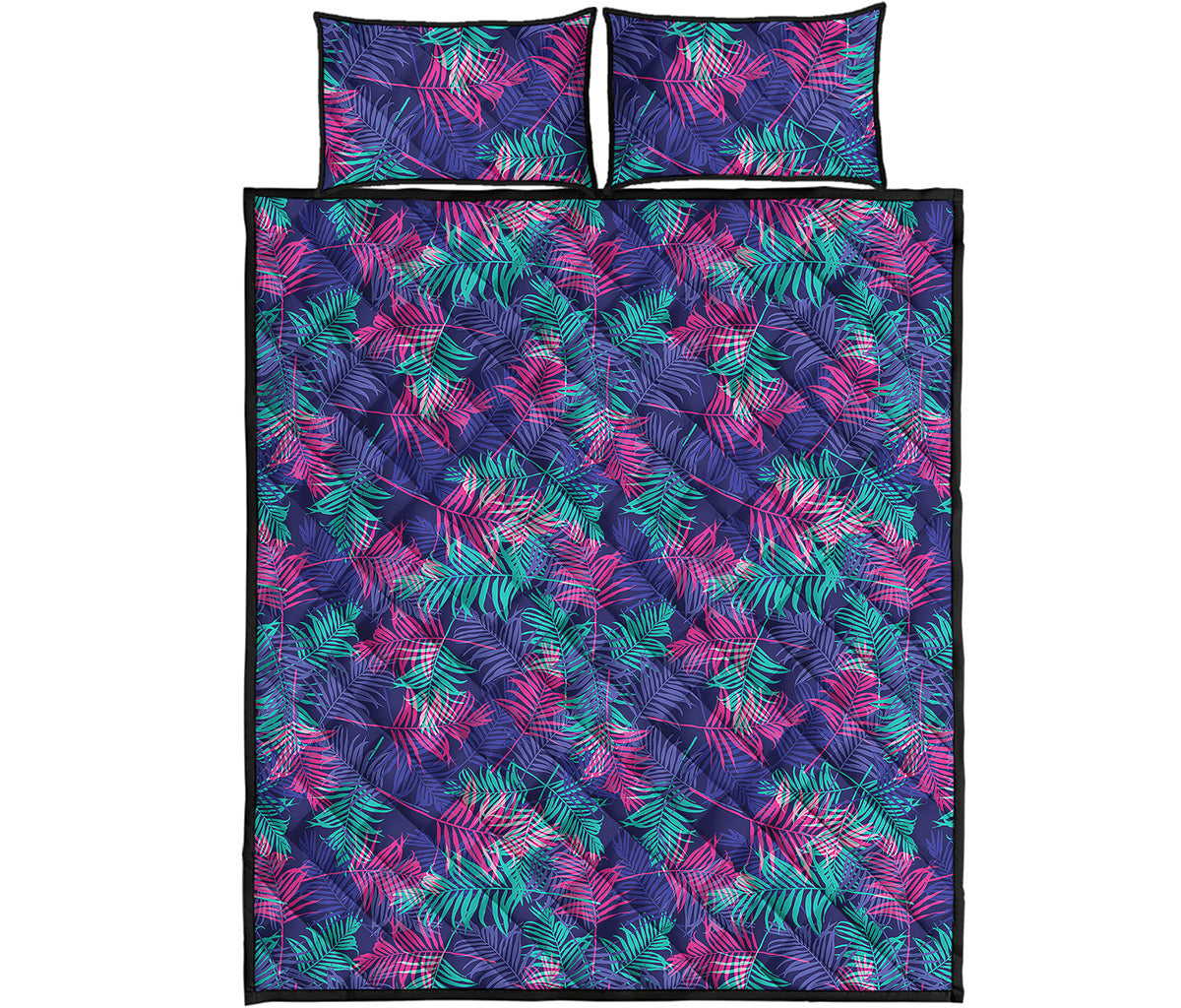 Pink And Blue Tropical Palm Leaf Print Quilt Bed Set