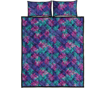 Pink And Blue Tropical Palm Leaf Print Quilt Bed Set
