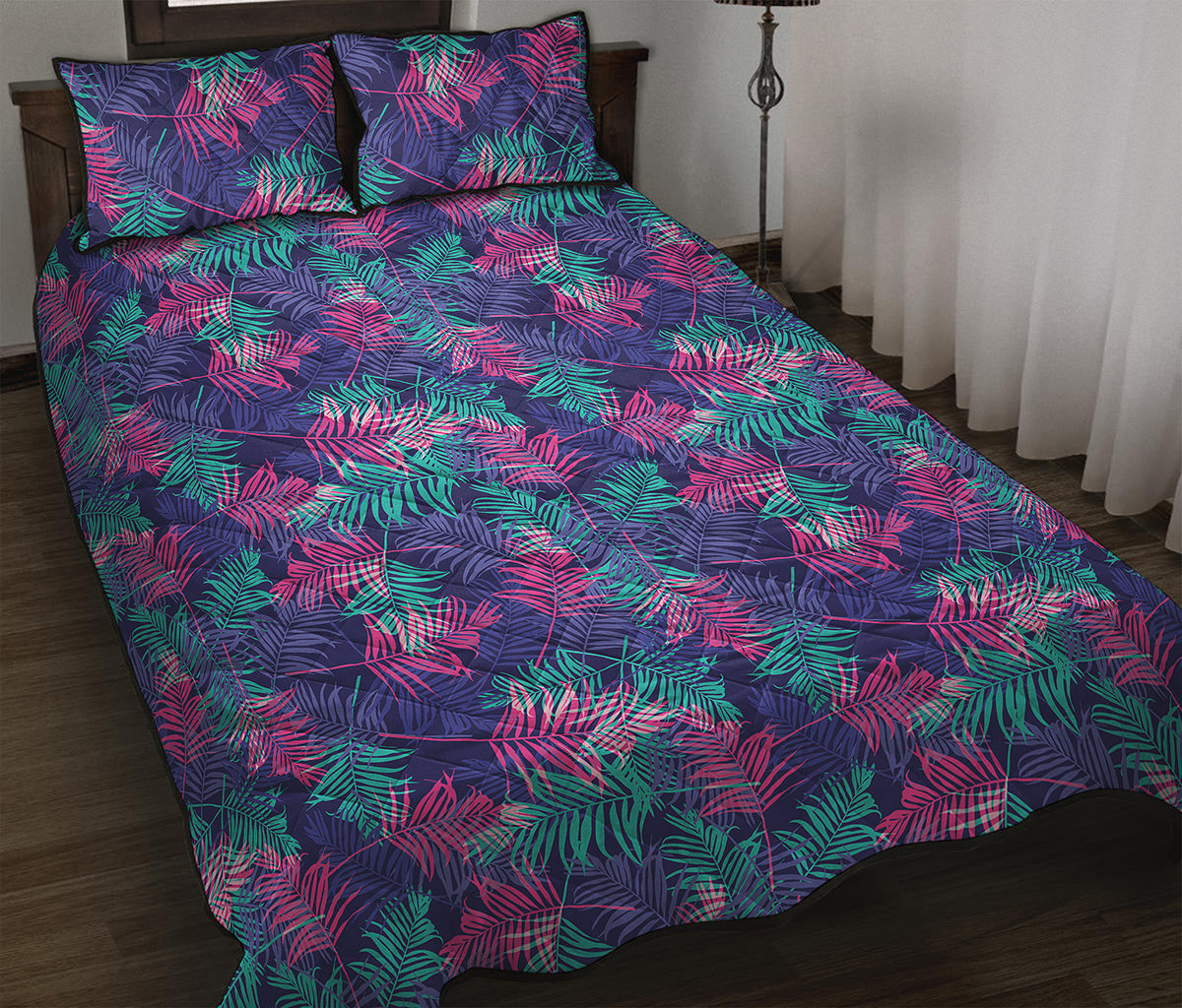 Pink And Blue Tropical Palm Leaf Print Quilt Bed Set