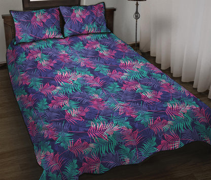 Pink And Blue Tropical Palm Leaf Print Quilt Bed Set