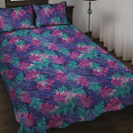 Pink And Blue Tropical Palm Leaf Print Quilt Bed Set
