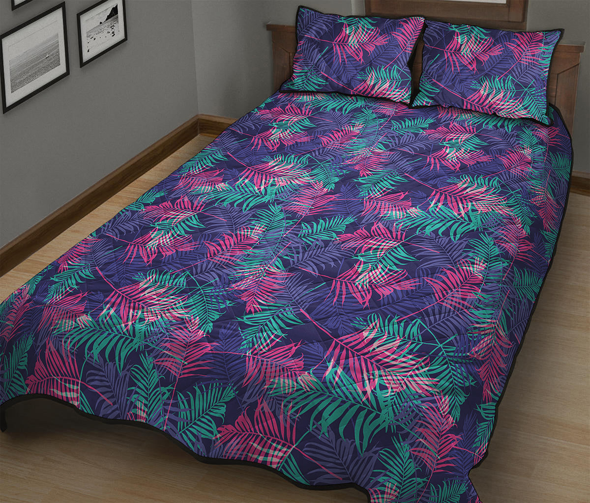 Pink And Blue Tropical Palm Leaf Print Quilt Bed Set