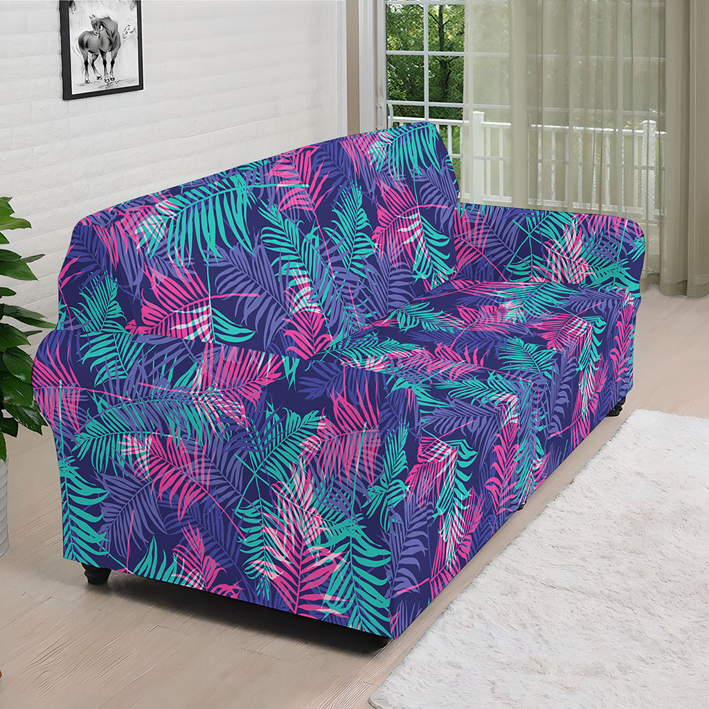 Pink And Blue Tropical Palm Leaf Print Sofa Cover