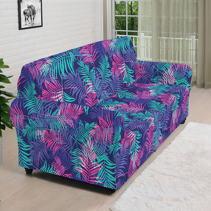 Pink And Blue Tropical Palm Leaf Print Sofa Cover