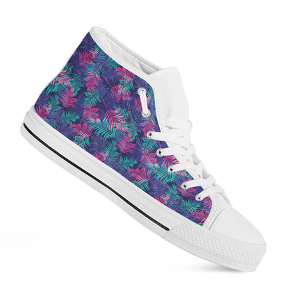 Pink And Blue Tropical Palm Leaf Print White High Top Shoes