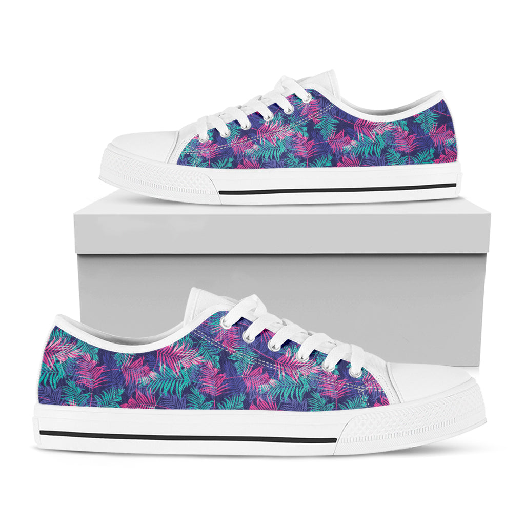 Pink And Blue Tropical Palm Leaf Print White Low Top Shoes
