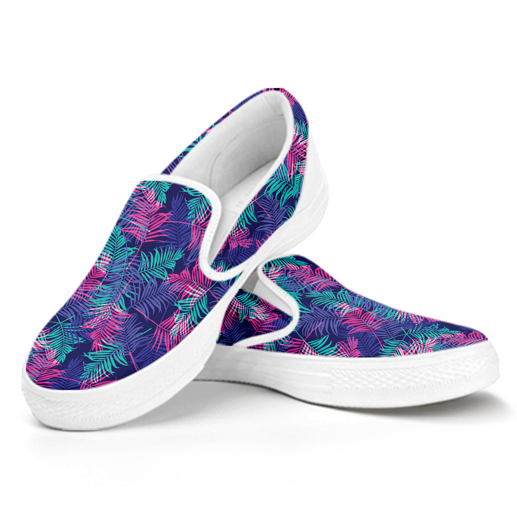 Pink And Blue Tropical Palm Leaf Print White Slip On Shoes