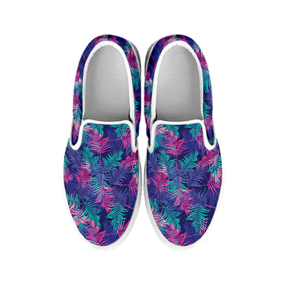 Pink And Blue Tropical Palm Leaf Print White Slip On Shoes