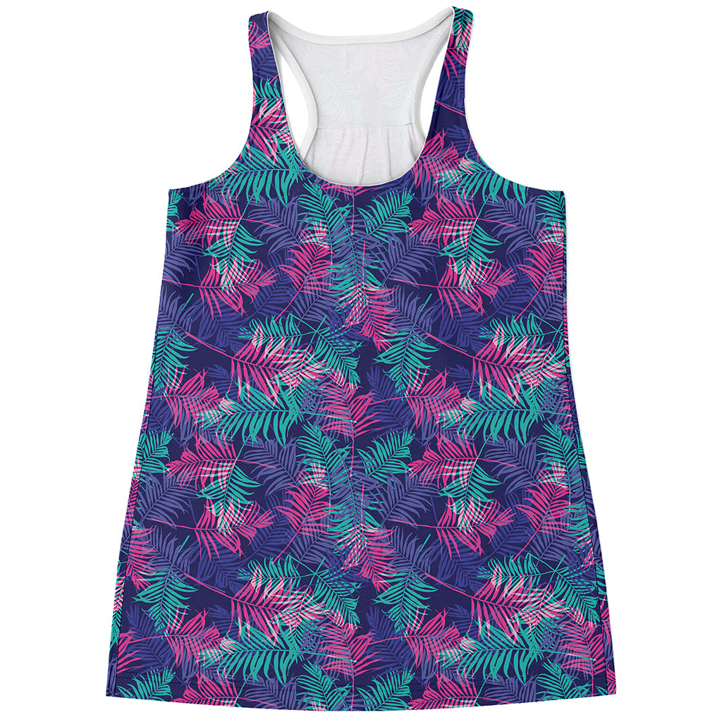Pink And Blue Tropical Palm Leaf Print Women's Racerback Tank Top