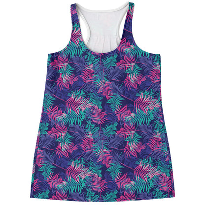 Pink And Blue Tropical Palm Leaf Print Women's Racerback Tank Top