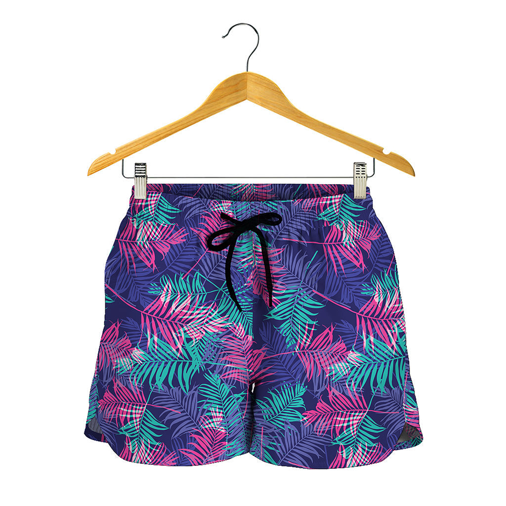 Pink And Blue Tropical Palm Leaf Print Women's Shorts