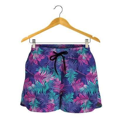 Pink And Blue Tropical Palm Leaf Print Women's Shorts