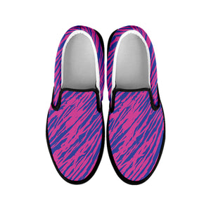 Pink And Blue Zebra Stripes Print Black Slip On Shoes