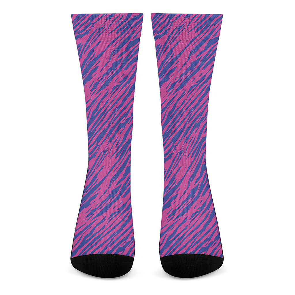 Pink And Blue Zebra Stripes Print Crew Socks