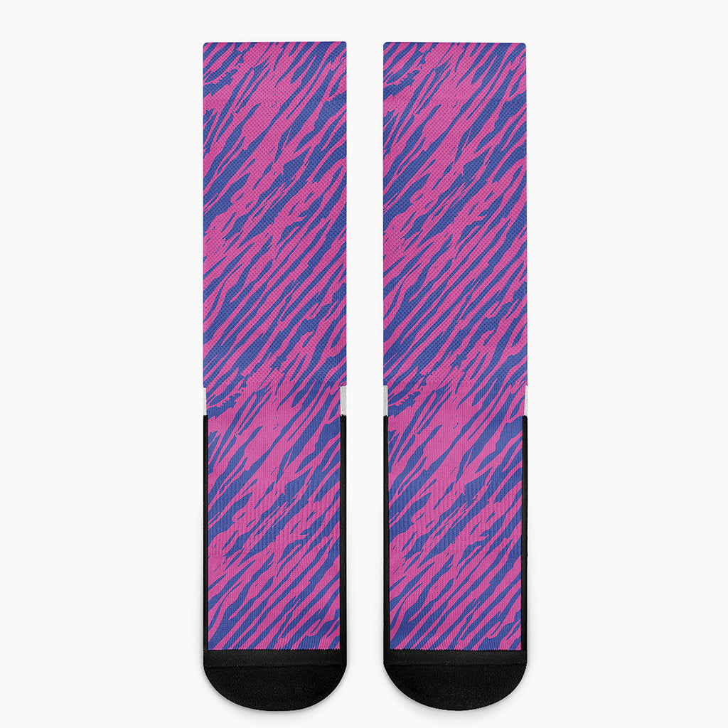 Pink And Blue Zebra Stripes Print Crew Socks