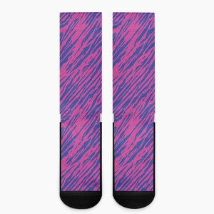 Pink And Blue Zebra Stripes Print Crew Socks