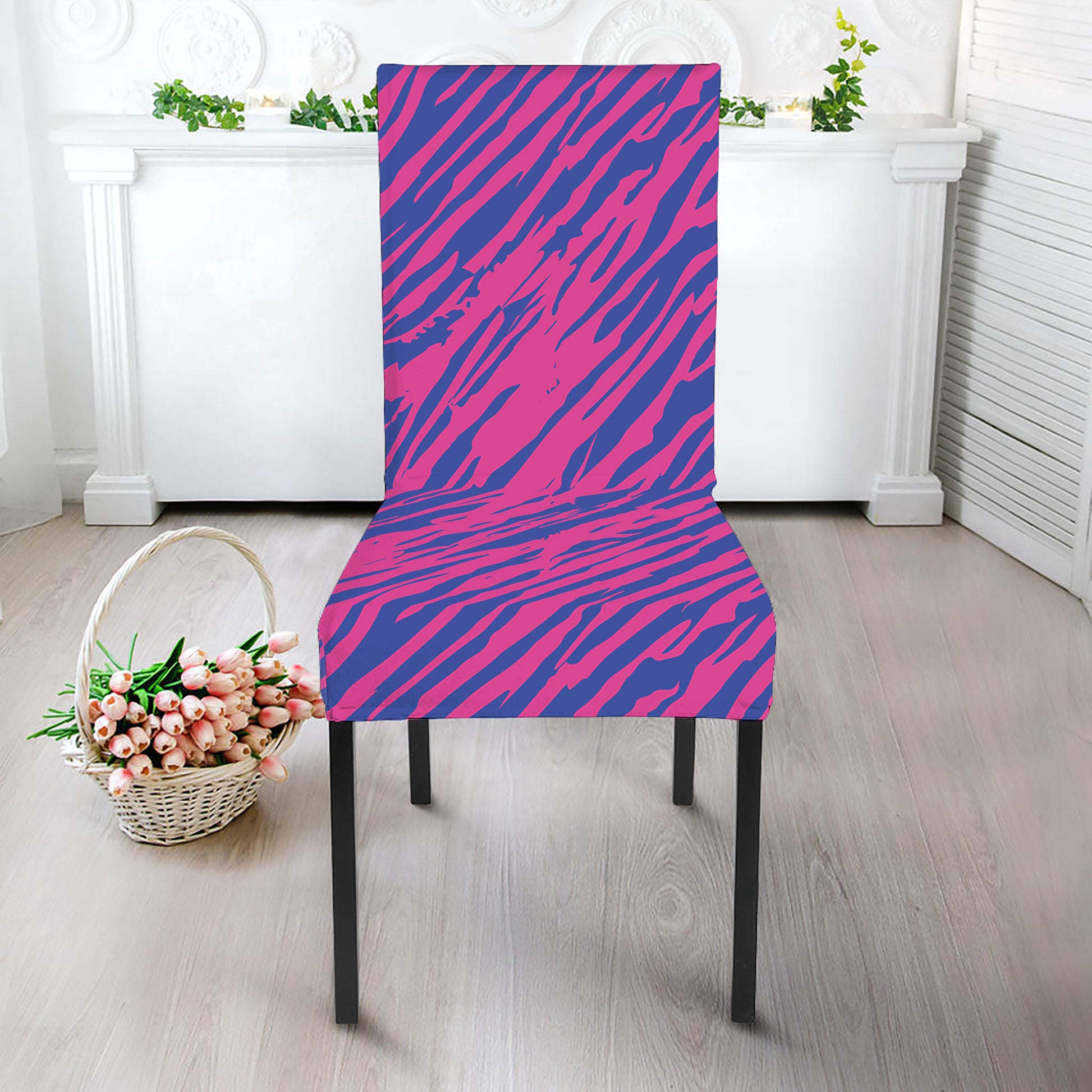Pink And Blue Zebra Stripes Print Dining Chair Slipcover