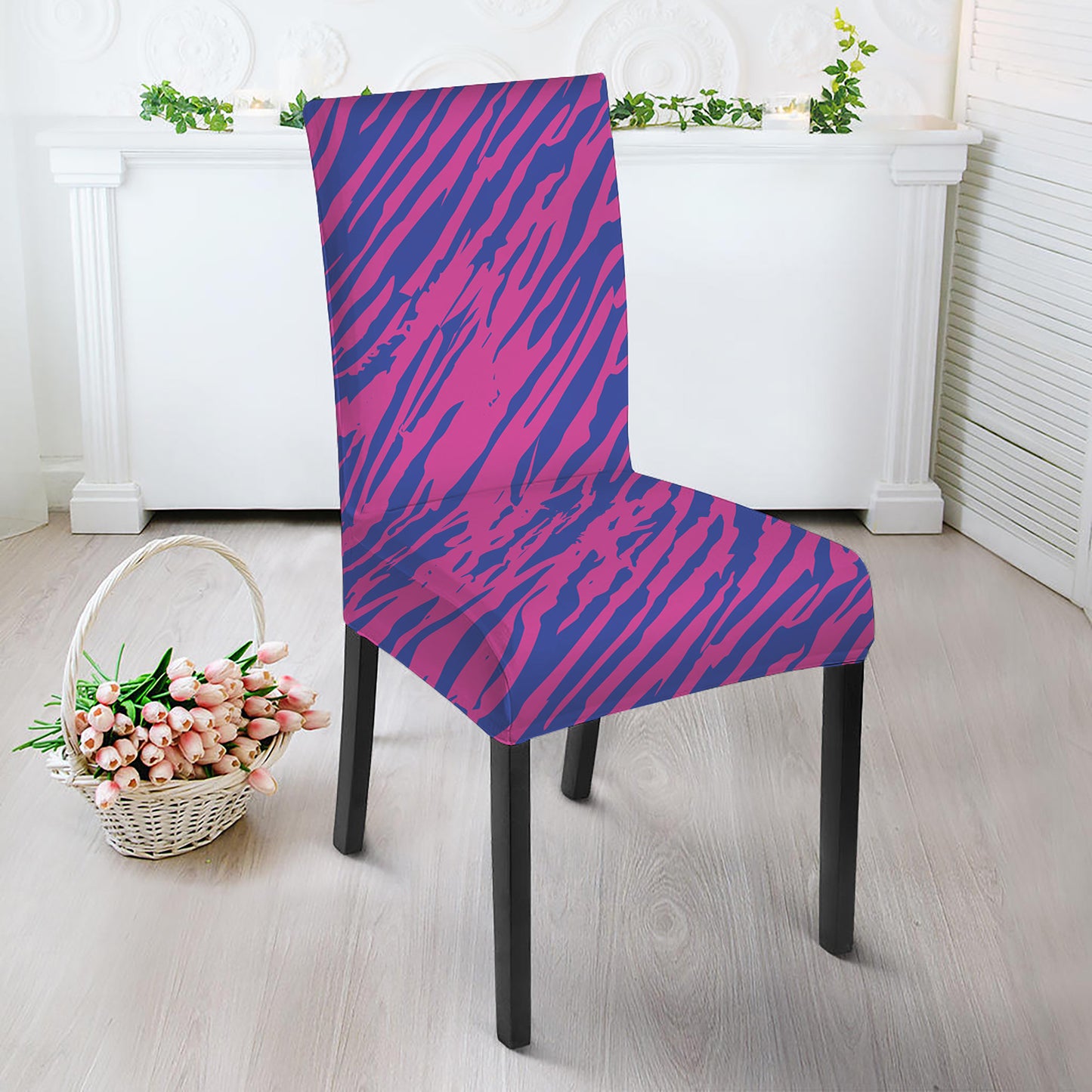 Pink And Blue Zebra Stripes Print Dining Chair Slipcover