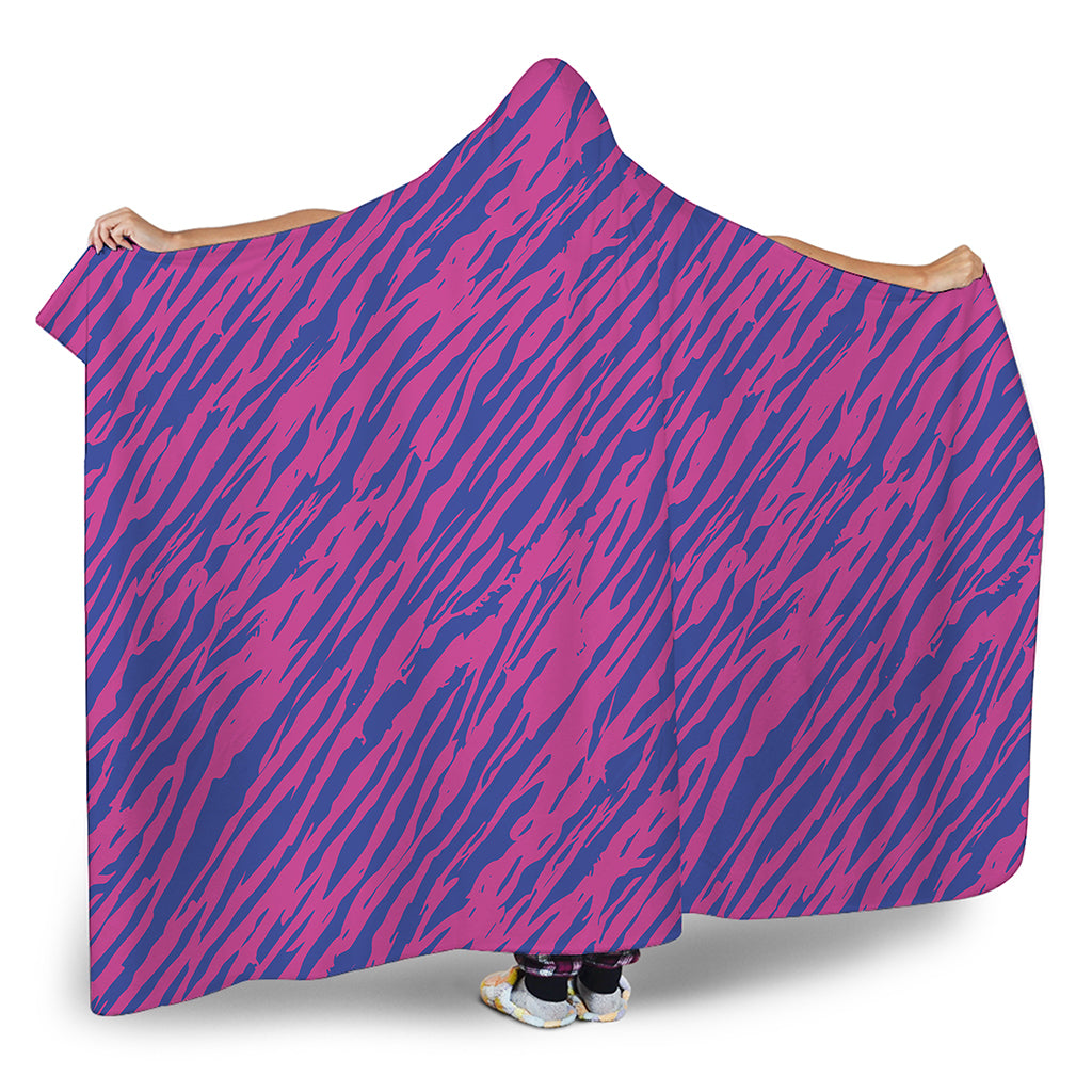 Pink And Blue Zebra Stripes Print Hooded Blanket