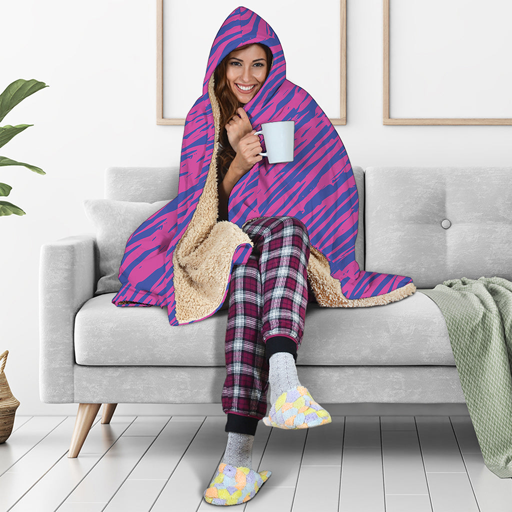Pink And Blue Zebra Stripes Print Hooded Blanket