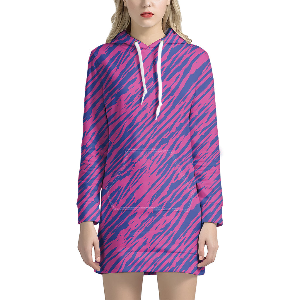 Pink And Blue Zebra Stripes Print Hoodie Dress