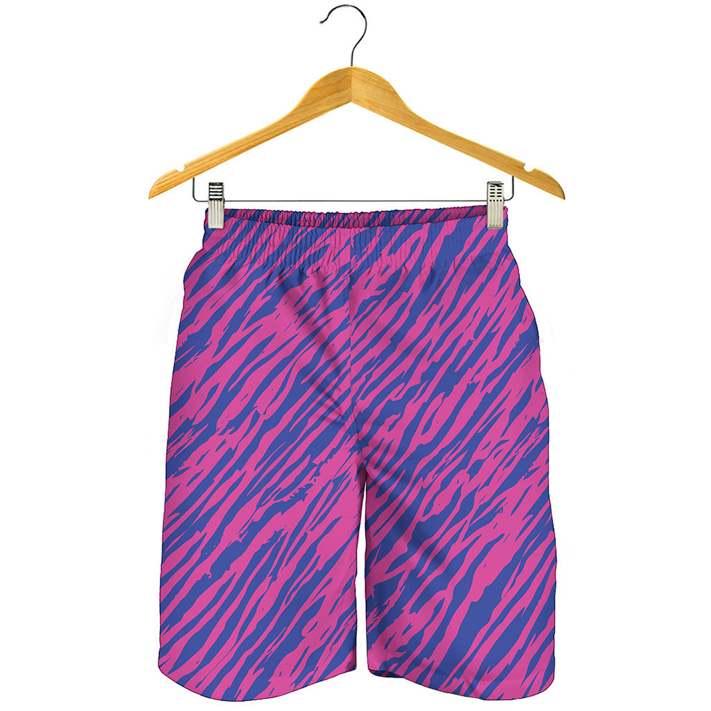 Pink And Blue Zebra Stripes Print Men's Shorts