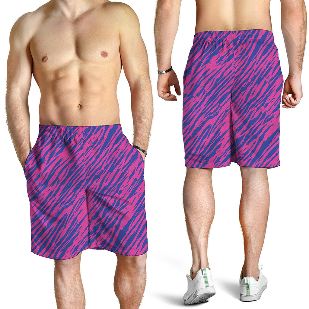 Pink And Blue Zebra Stripes Print Men's Shorts