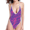 Pink And Blue Zebra Stripes Print One Piece High Cut Swimsuit