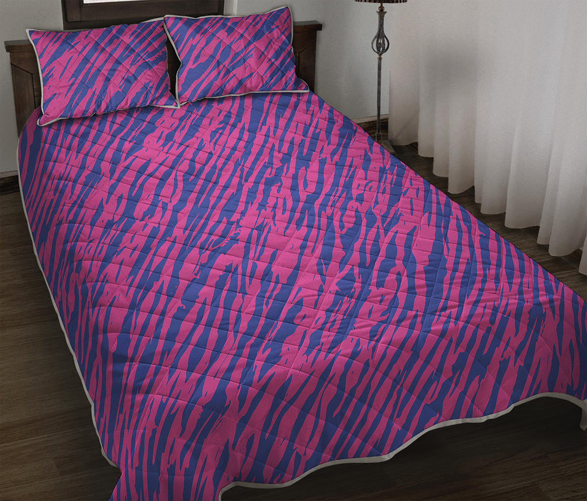 Pink And Blue Zebra Stripes Print Quilt Bed Set