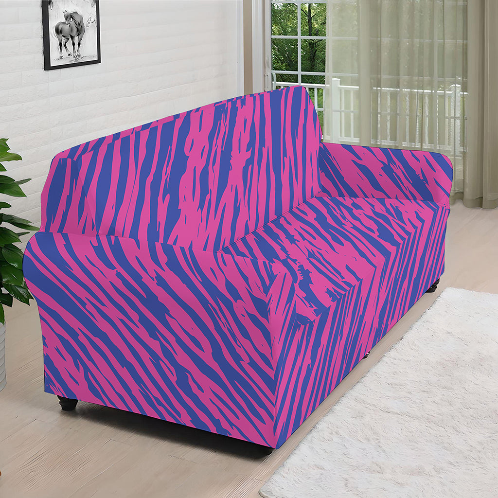 Pink And Blue Zebra Stripes Print Sofa Cover