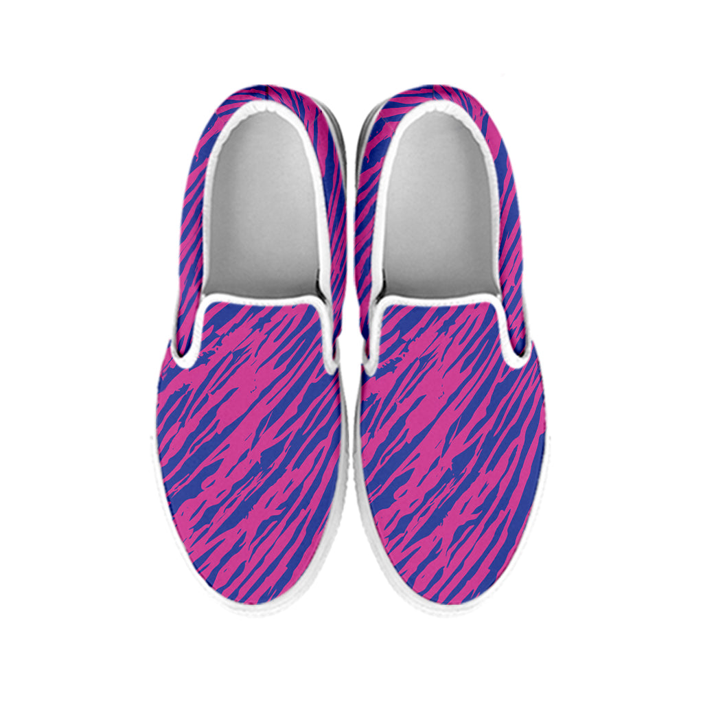 Pink And Blue Zebra Stripes Print White Slip On Shoes