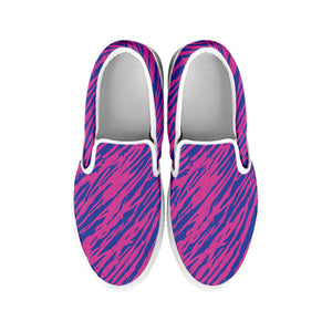 Pink And Blue Zebra Stripes Print White Slip On Shoes