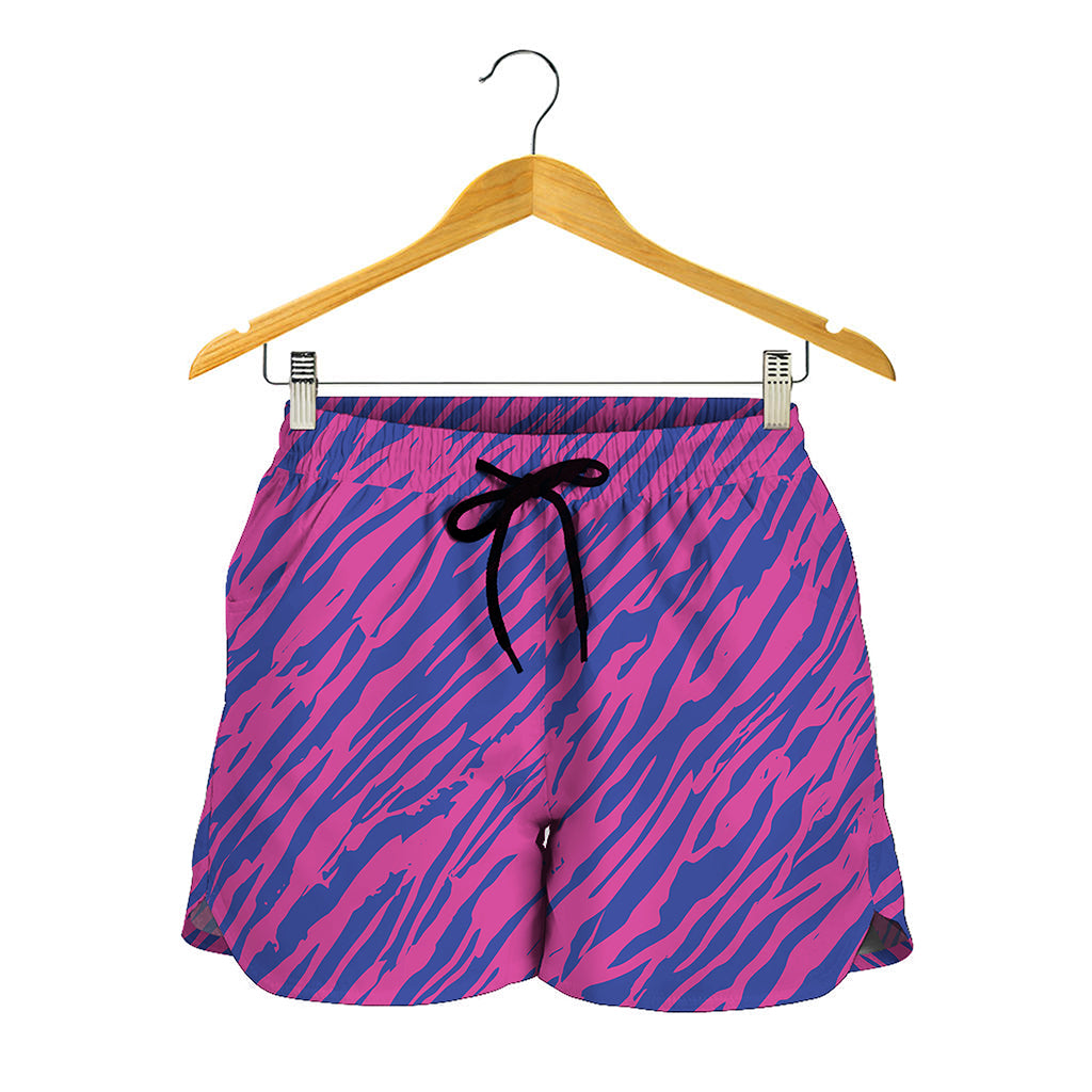 Pink And Blue Zebra Stripes Print Women's Shorts