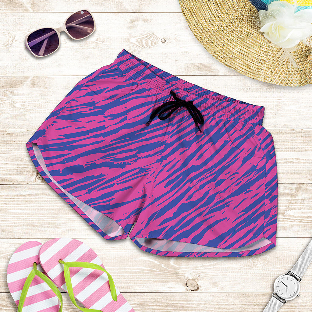 Pink And Blue Zebra Stripes Print Women's Shorts