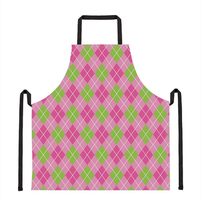 Pink And Green Argyle Pattern Print Apron