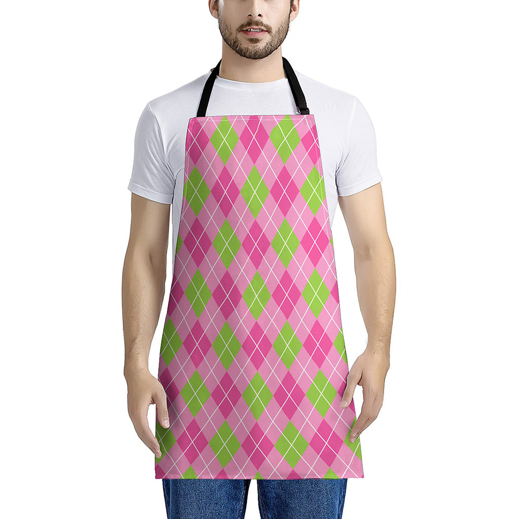 Pink And Green Argyle Pattern Print Apron