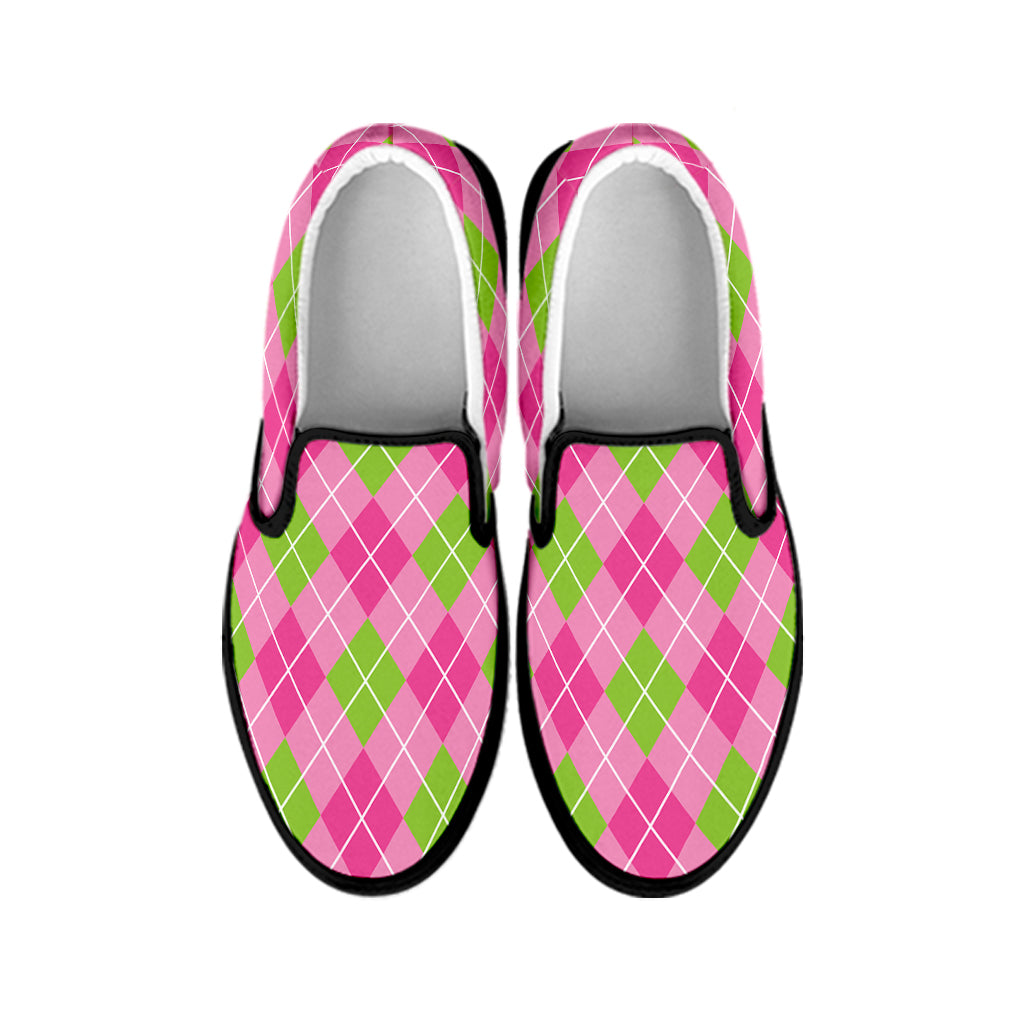 Pink And Green Argyle Pattern Print Black Slip On Shoes