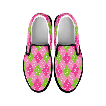 Pink And Green Argyle Pattern Print Black Slip On Shoes