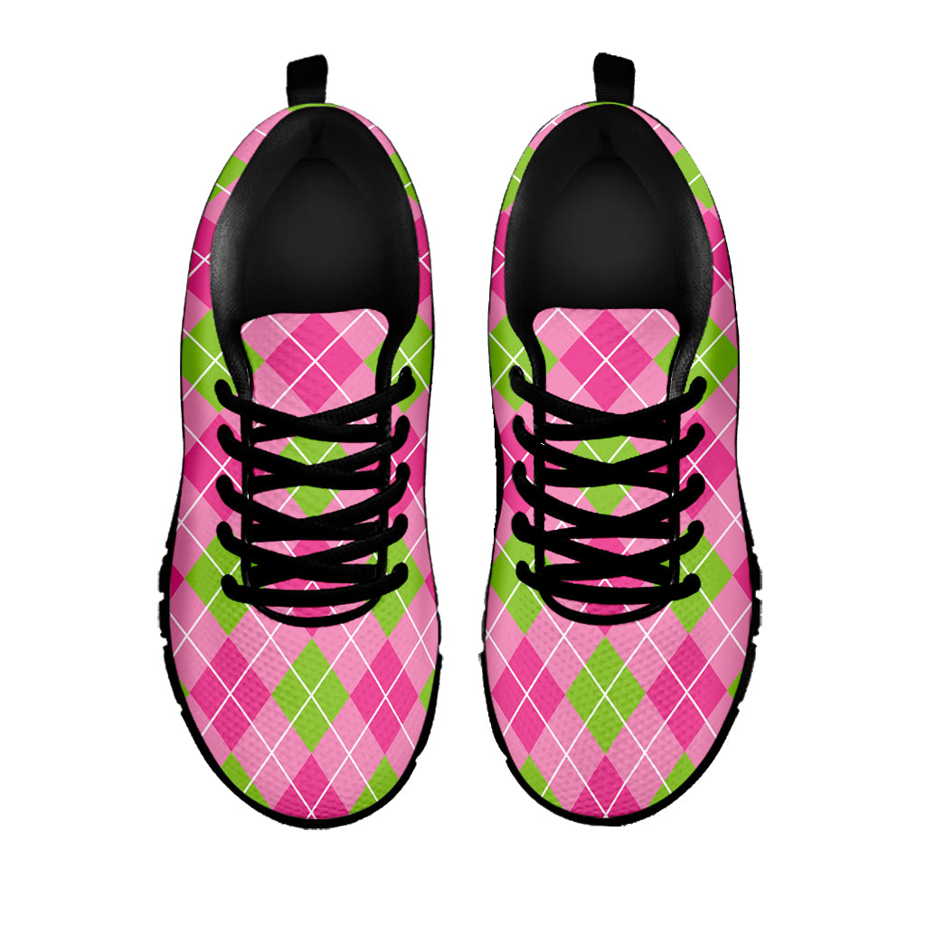 Pink And Green Argyle Pattern Print Black Sneakers