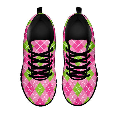 Pink And Green Argyle Pattern Print Black Sneakers