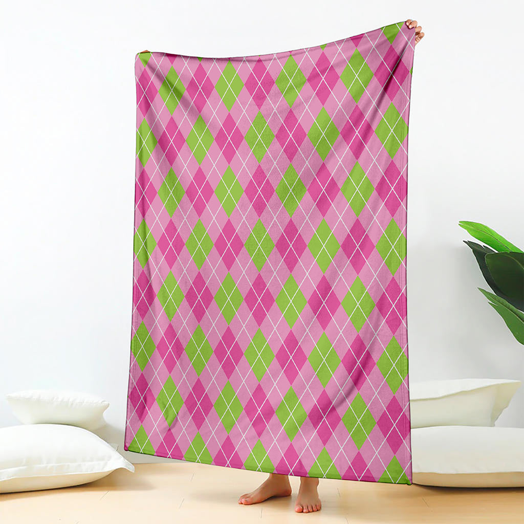 Pink And Green Argyle Pattern Print Blanket
